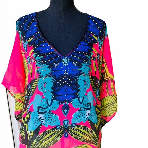 Tops - Cover Up Tropical Print Luxury Embellished Kaftan Top